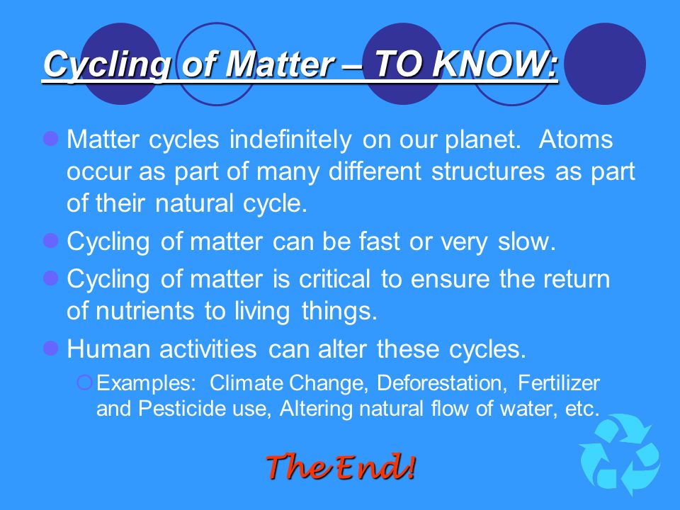 Cycling of Matter – TO KNOW: Matter cycles indefinitely on our planet.
