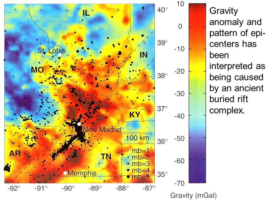 Gravity anomaly and pattern of epi- centers has been interpreted as being caused by an ancient buried rift complex.
