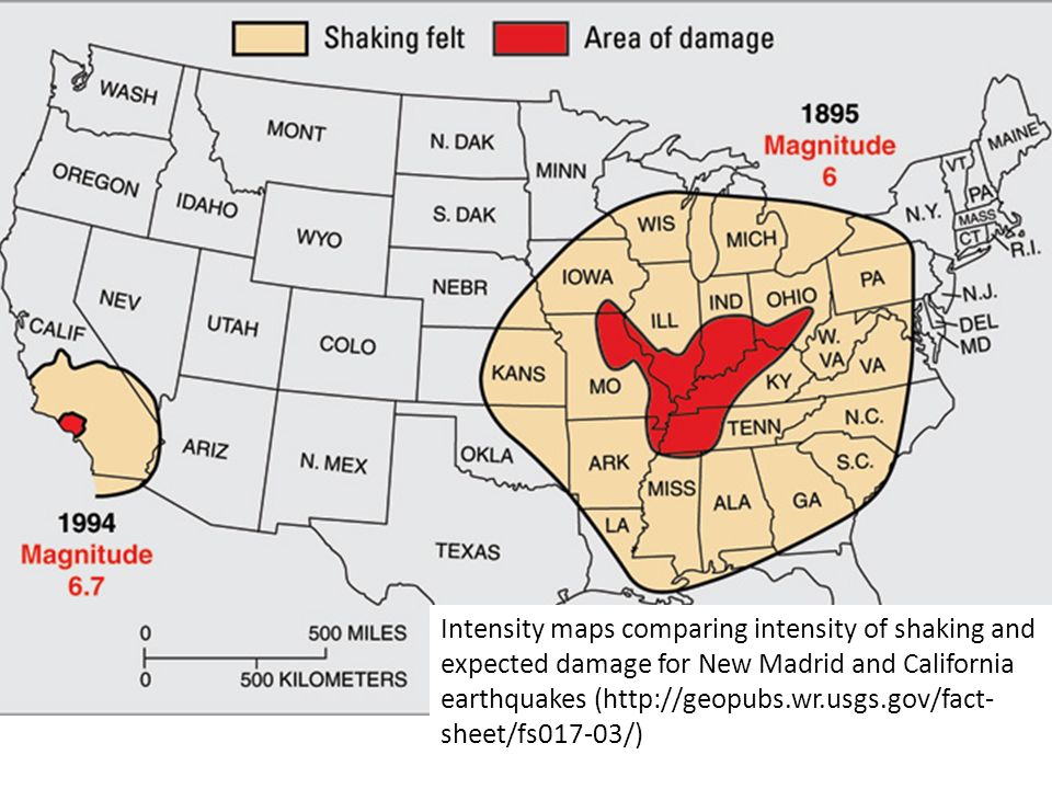 Intensity maps comparing intensity of shaking and expected damage for New Madrid and California earthquakes (  sheet/fs017-03/)