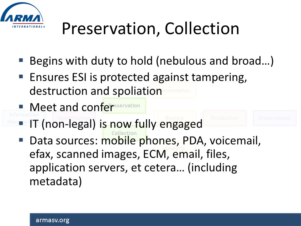 armasv.org Preservation, Collection Information Management Identification Preservation Presentation ProductionPresentation Collection Review Analysis  Begins with duty to hold (nebulous and broad…)  Ensures ESI is protected against tampering, destruction and spoliation  Meet and confer  IT (non-legal) is now fully engaged  Data sources: mobile phones, PDA, voic , efax, scanned images, ECM,  , files, application servers, et cetera… (including metadata)