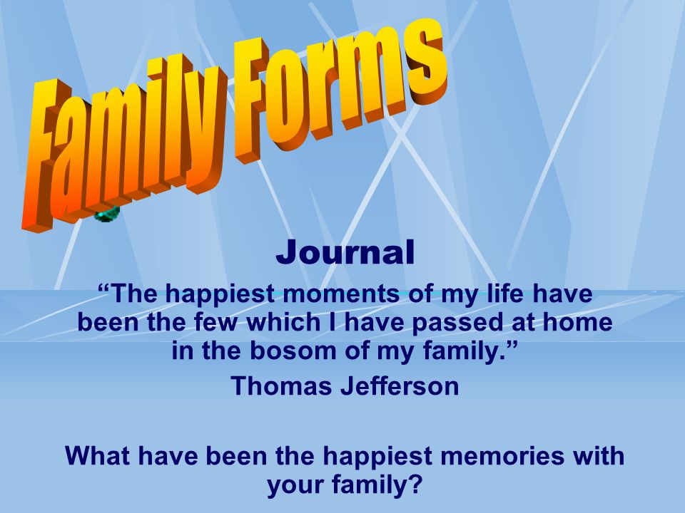 Journal The happiest moments of my life have been the few which I have passed at home in the bosom of my family. Thomas Jefferson What have been the happiest memories with your family