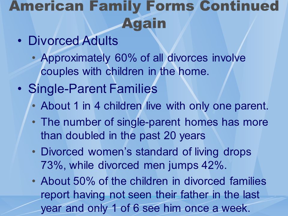 Divorced Adults Approximately 60% of all divorces involve couples with children in the home.