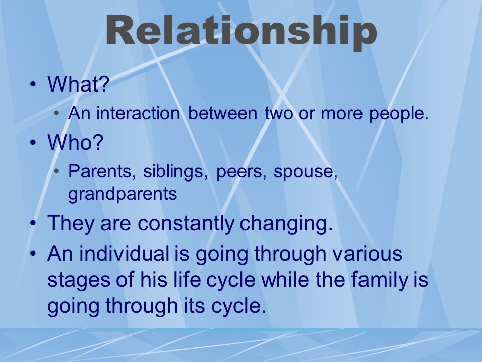 Relationship What. An interaction between two or more people.