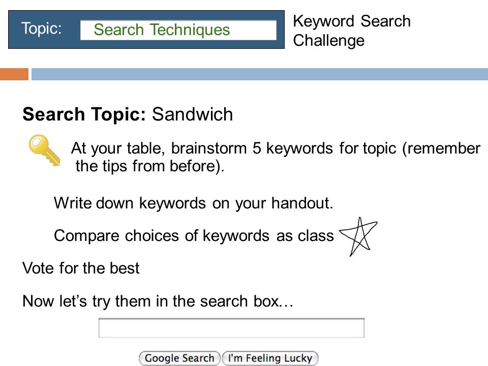 Keyword Search Challenge Search Topic: Sandwich At your table, brainstorm 5 keywords for topic (remember the tips from before).