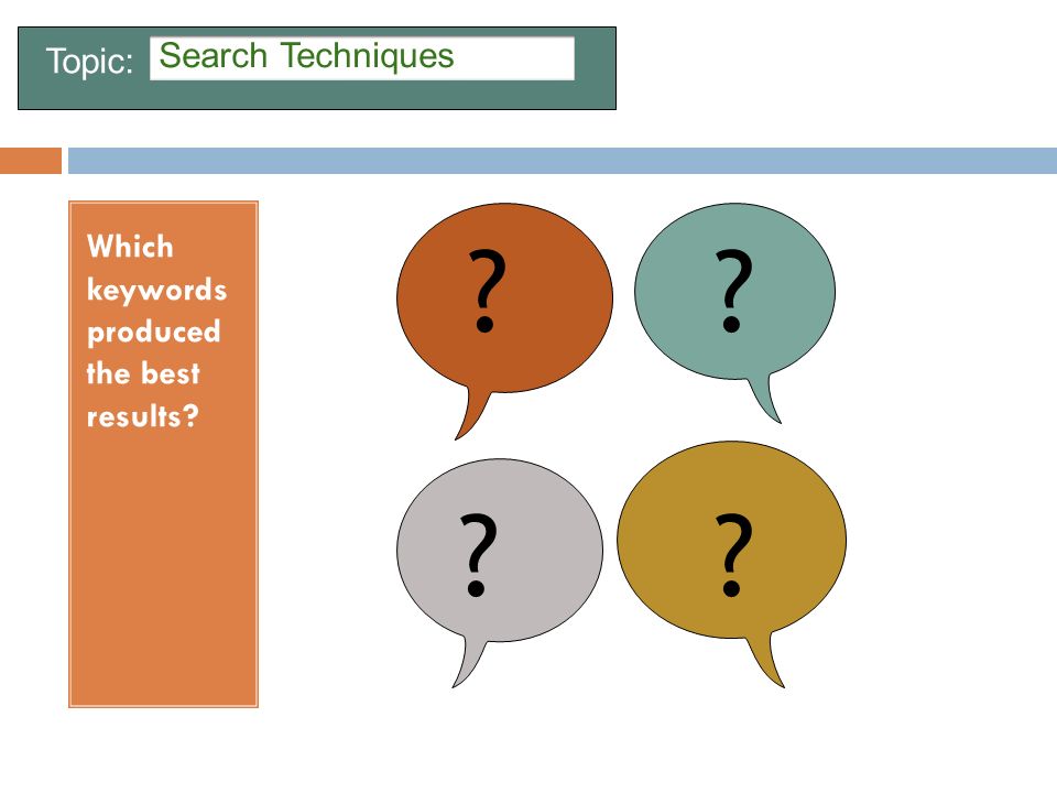 Search Techniques Which keywords produced the best results Topic: