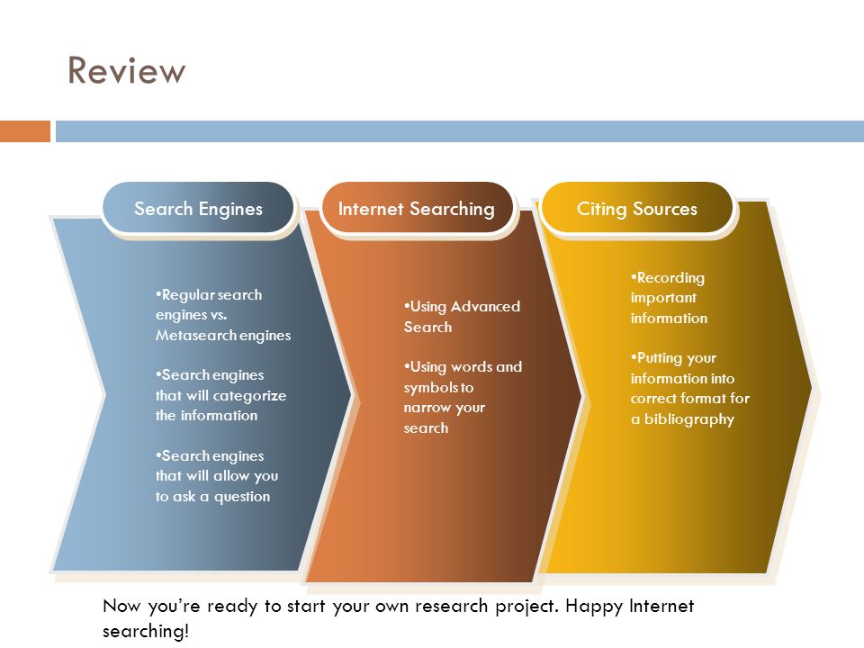 Review Recording important information Putting your information into correct format for a bibliography Recording important information Putting your information into correct format for a bibliography Using Advanced Search Using words and symbols to narrow your search Using Advanced Search Using words and symbols to narrow your search Regular search engines vs.