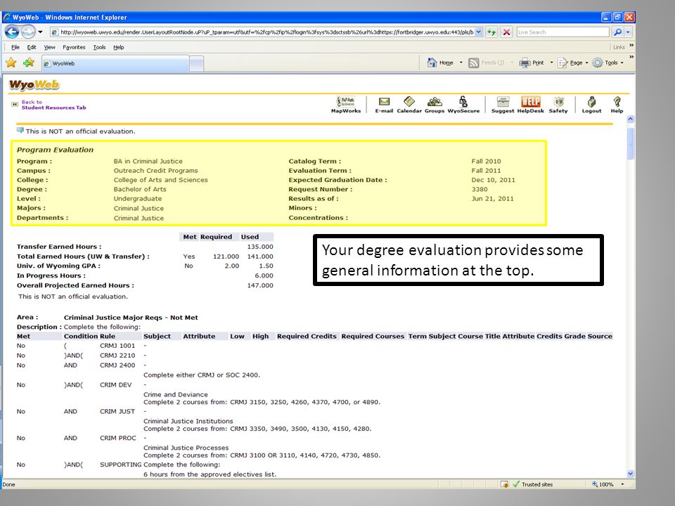 Your degree evaluation provides some general information at the top.