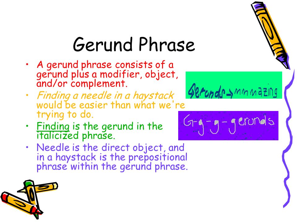 Gerund Phrase A gerund phrase consists of a gerund plus a modifier, object, and/or complement.