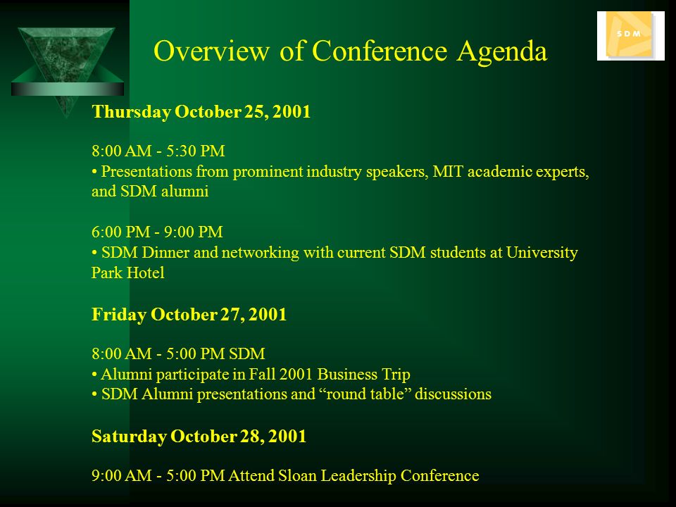 Thursday October 25, :00 AM - 5:30 PM Presentations from prominent industry speakers, MIT academic experts, and SDM alumni 6:00 PM - 9:00 PM SDM Dinner and networking with current SDM students at University Park Hotel Friday October 27, :00 AM - 5:00 PM SDM Alumni participate in Fall 2001 Business Trip SDM Alumni presentations and round table discussions Saturday October 28, :00 AM - 5:00 PM Attend Sloan Leadership Conference Overview of Conference Agenda