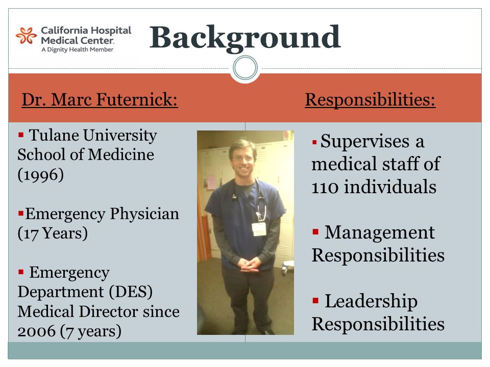 Background  Supervises a medical staff of 110 individuals  Management Responsibilities  Leadership Responsibilities Dr.