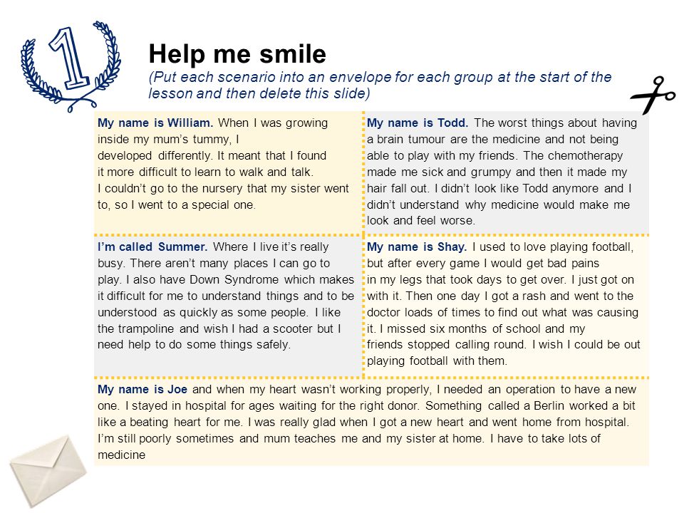 Help me smile (Put each scenario into an envelope for each group at the start of the lesson and then delete this slide) My name is William.
