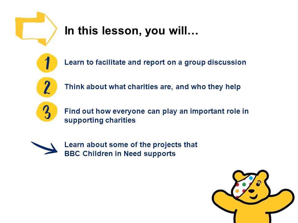 In this lesson, you will… Learn to facilitate and report on a group discussion Think about what charities are, and who they help Find out how everyone can play an important role in supporting charities Learn about some of the projects that BBC Children in Need supports
