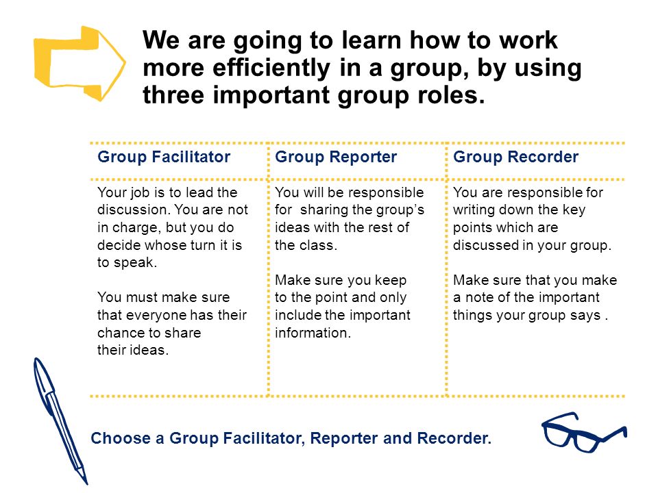 We are going to learn how to work more efficiently in a group, by using three important group roles.