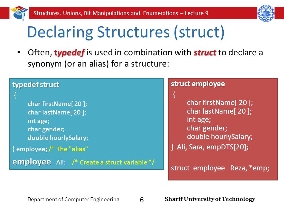 Structures, Unions, Bit Manipulations and Enumerations – Lecture 9 Sharif University of Technology Department of Computer Engineering 6 Declaring Structures (struct) typedef struct Often, typedef is used in combination with struct to declare a synonym (or an alias) for a structure: typedef struct { char firstName[ 20 ]; char lastName[ 20 ]; int age; char gender; double hourlySalary; ; } employee ; /* The alias employee employee Ali; /* Create a struct variable */ struct employee { char firstName[ 20 ]; char lastName[ 20 ]; int age; char gender; double hourlySalary; ; } Ali, Sara, empDTS[20]; struct employee Reza, *emp;