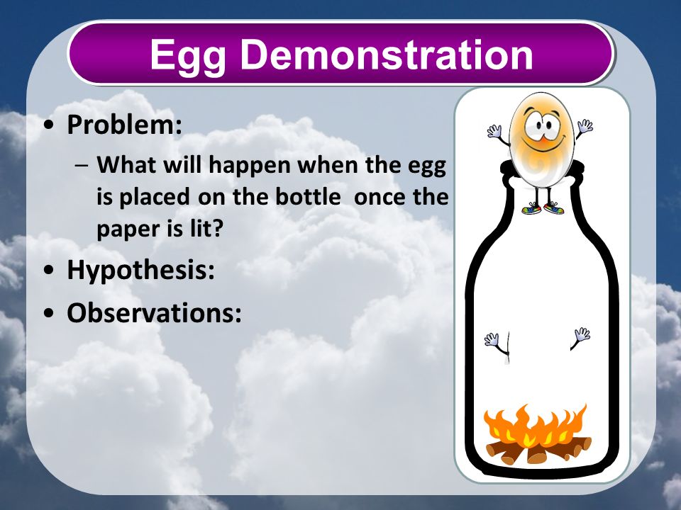 Problem: –What will happen when the egg is placed on the bottle once the paper is lit.