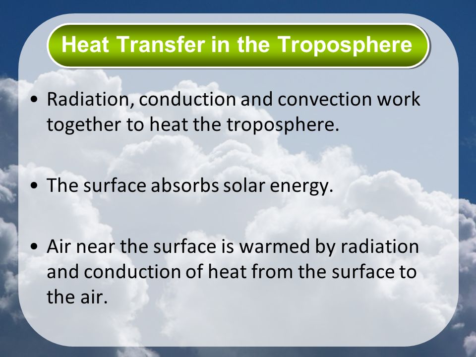 Heat Transfer in the Troposphere Radiation, conduction and convection work together to heat the troposphere.