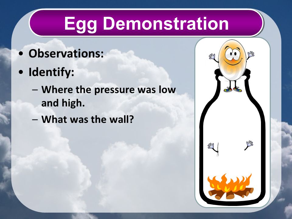 Observations: Identify: –Where the pressure was low and high. –What was the wall Egg Demonstration