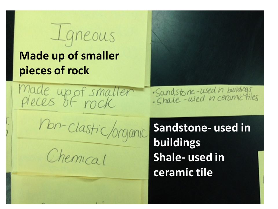 Made up of smaller pieces of rock Sandstone- used in buildings Shale- used in ceramic tile
