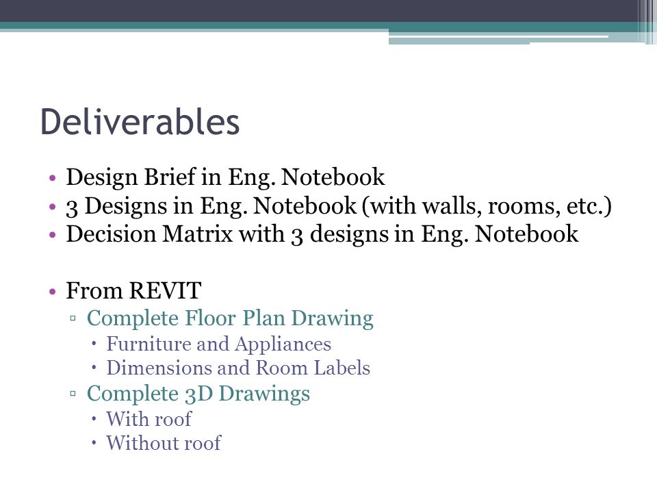 Deliverables Design Brief in Eng. Notebook 3 Designs in Eng.