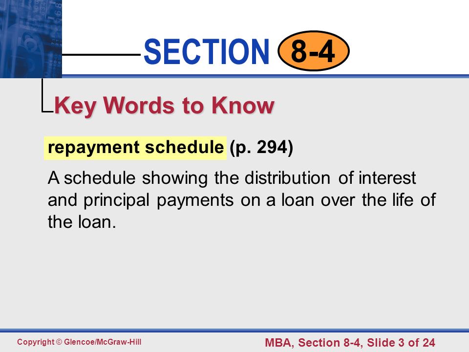 Click to edit Master text styles Second level Third level Fourth level Fifth level 3 SECTION Copyright © Glencoe/McGraw-Hill MBA, Section 8-4, Slide 3 of repayment schedule (p.
