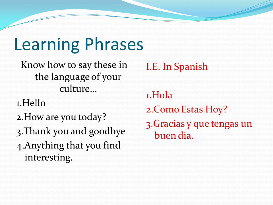 Learning Phrases Know how to say these in the language of your culture… 1.Hello 2.How are you today.