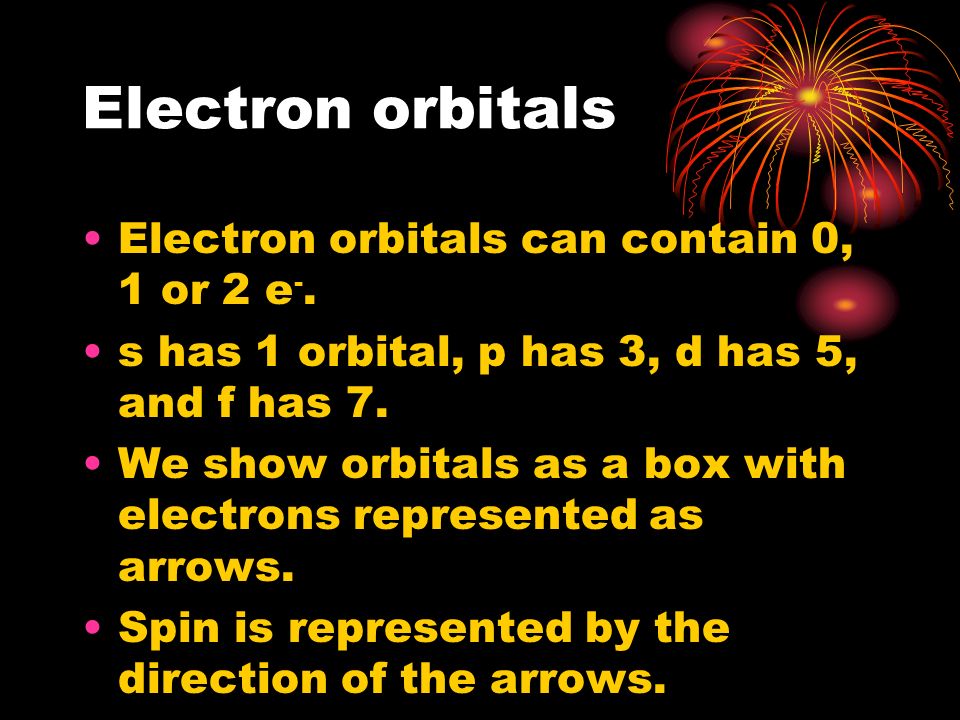 Electron orbitals Electron orbitals can contain 0, 1 or 2 e -.