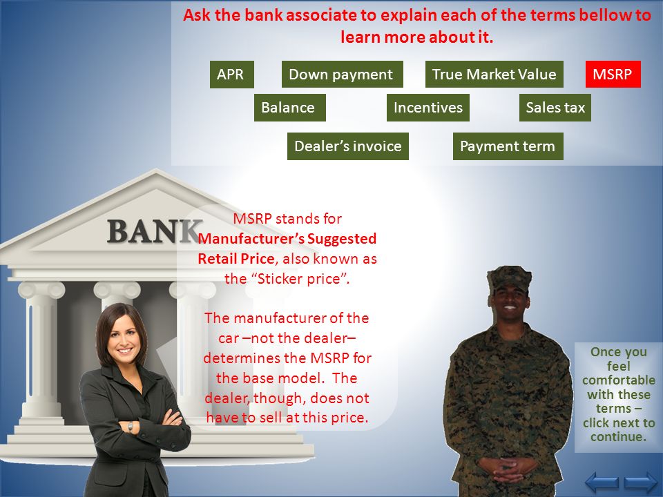 Ask the bank associate to explain each of the terms bellow to learn more about it.