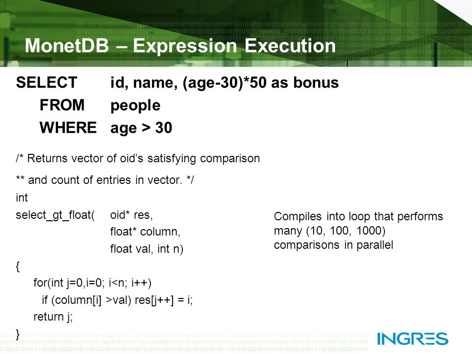 MonetDB – Expression Execution SELECTid, name, (age-30)*50 as bonus FROMpeople WHEREage > 30 /* Returns vector of oid’s satisfying comparison ** and count of entries in vector.