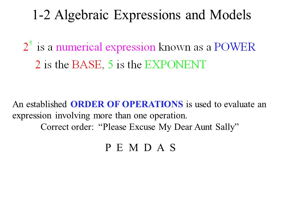 1-2 Algebraic Expressions and Models An established ORDER OF OPERATIONS is used to evaluate an expression involving more than one operation.