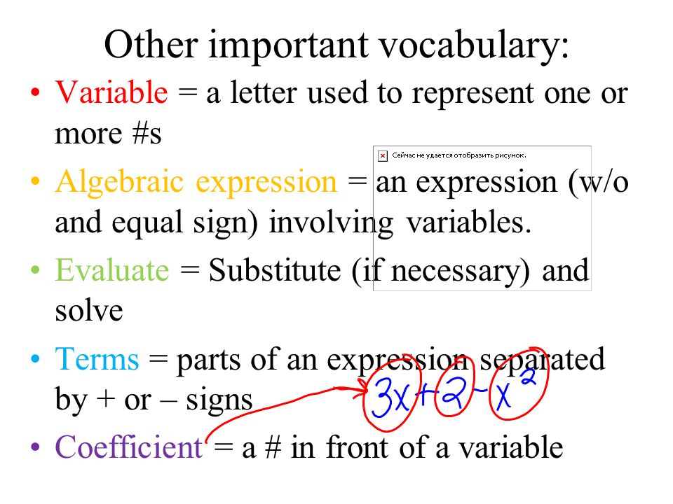 Other important vocabulary: Variable = a letter used to represent one or more #s Algebraic expression = an expression (w/o and equal sign) involving variables.