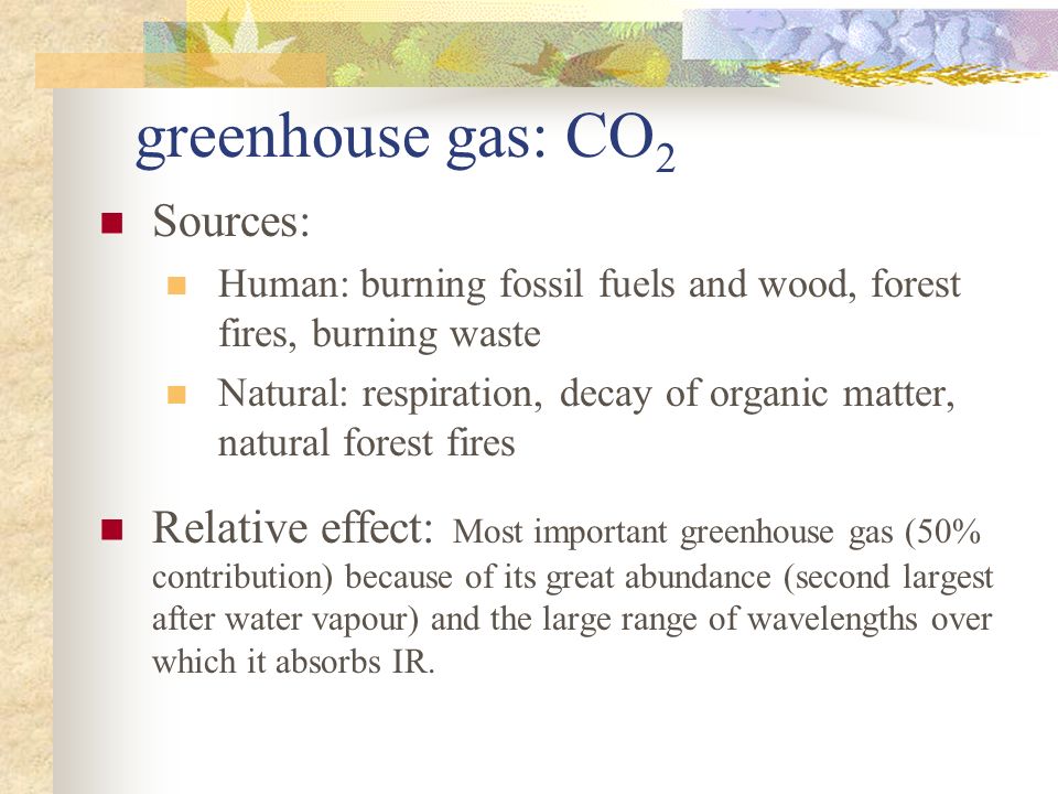 greenhouse gas: CO 2 Sources: Human: burning fossil fuels and wood, forest fires, burning waste Natural: respiration, decay of organic matter, natural forest fires Relative effect: Most important greenhouse gas (50% contribution) because of its great abundance (second largest after water vapour) and the large range of wavelengths over which it absorbs IR.