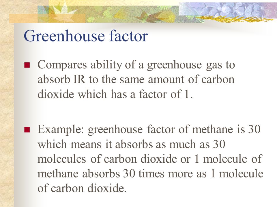 Greenhouse factor Compares ability of a greenhouse gas to absorb IR to the same amount of carbon dioxide which has a factor of 1.