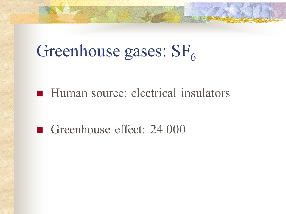Greenhouse gases: SF 6 Human source: electrical insulators Greenhouse effect: