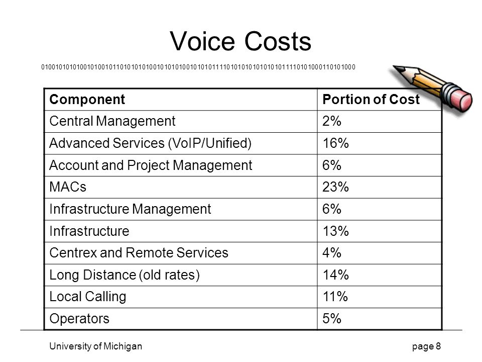 University of Michigan page 8 Voice Costs ComponentPortion of Cost Central Management2% Advanced Services (VoIP/Unified)16% Account and Project Management6% MACs23% Infrastructure Management6% Infrastructure13% Centrex and Remote Services4% Long Distance (old rates)14% Local Calling11% Operators5%