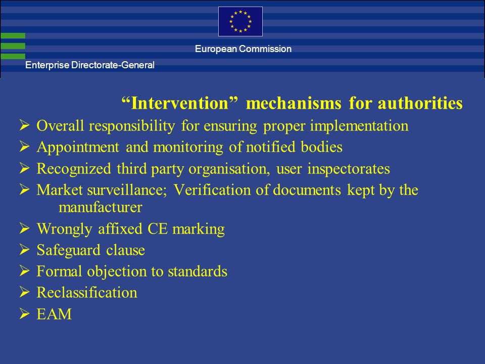 Intervention mechanisms for authorities  Overall responsibility for ensuring proper implementation  Appointment and monitoring of notified bodies  Recognized third party organisation, user inspectorates  Market surveillance; Verification of documents kept by the manufacturer  Wrongly affixed CE marking  Safeguard clause  Formal objection to standards  Reclassification  EAM Enterprise Directorate-General European Commission