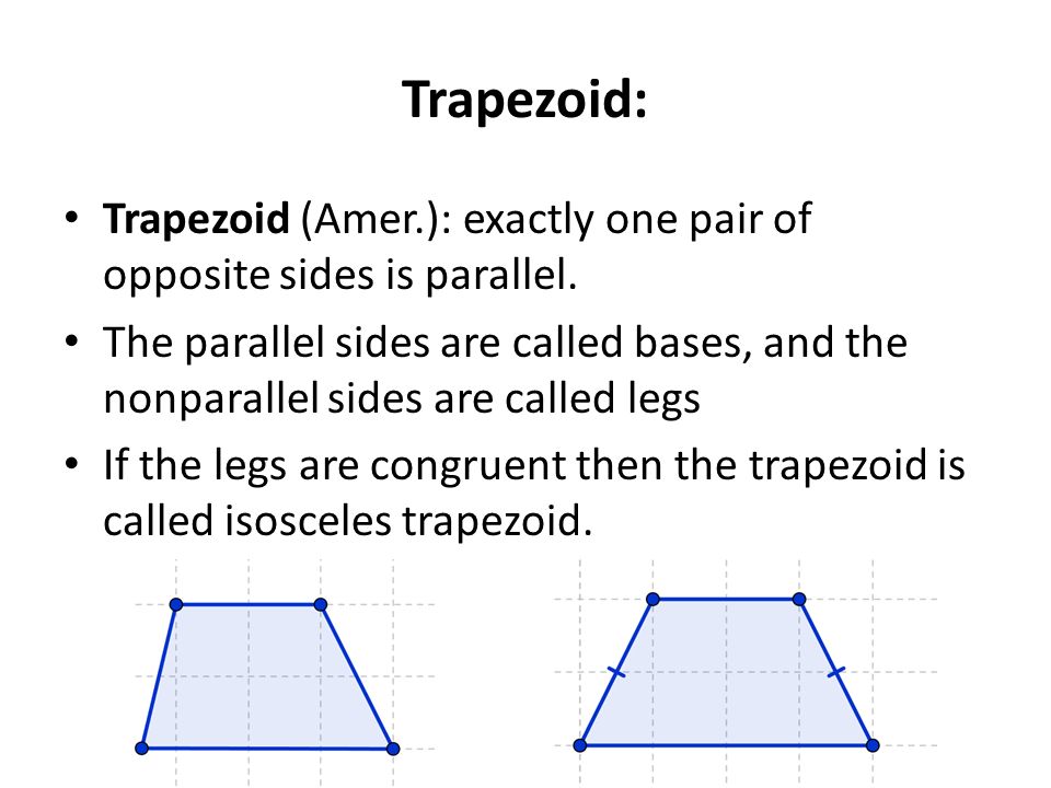 Trapezoid: Trapezoid (Amer.): exactly one pair of opposite sides is parallel.