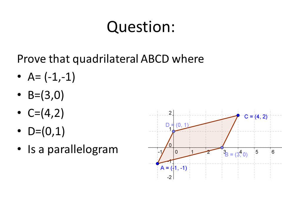 Question: Prove that quadrilateral ABCD where A= (-1,-1) B=(3,0) C=(4,2) D=(0,1) Is a parallelogram