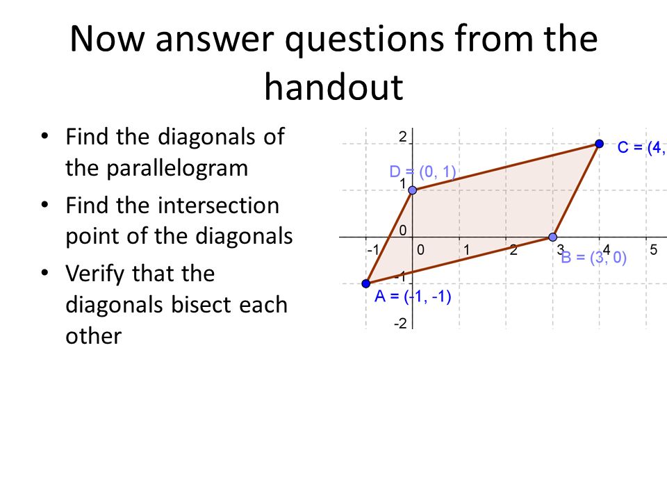 Now answer questions from the handout Find the diagonals of the parallelogram Find the intersection point of the diagonals Verify that the diagonals bisect each other