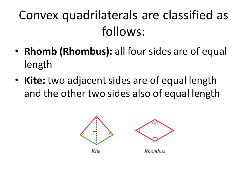 Convex quadrilaterals are classified as follows: Rhomb (Rhombus): all four sides are of equal length Kite: two adjacent sides are of equal length and the other two sides also of equal length