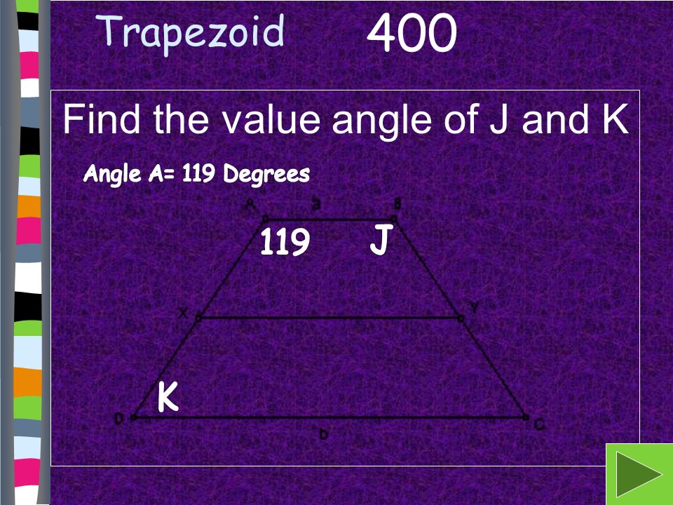 Trapezoid Find the value angle of J and K 400