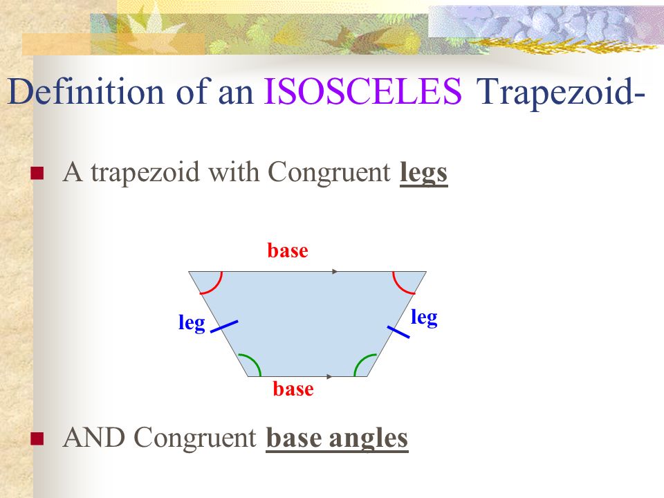 Definition of an ISOSCELES Trapezoid- A trapezoid with Congruent legs base leg AND Congruent base angles