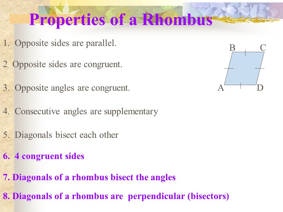 Properties of a Rhombus ABCD 1. Opposite sides are parallel.