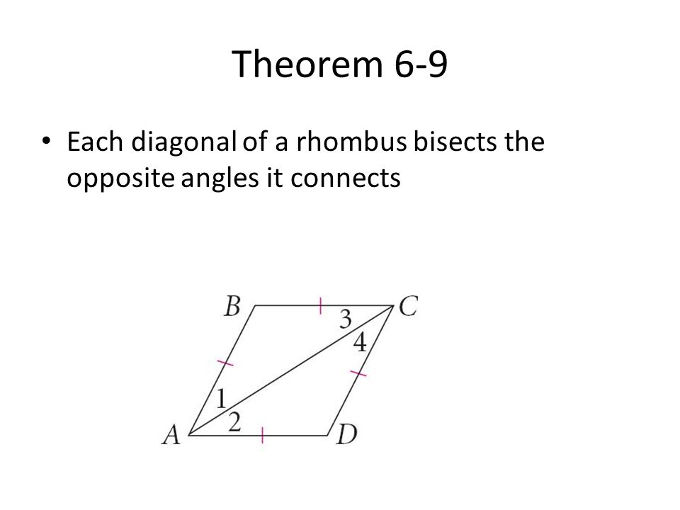 Theorem 6-9 Each diagonal of a rhombus bisects the opposite angles it connects