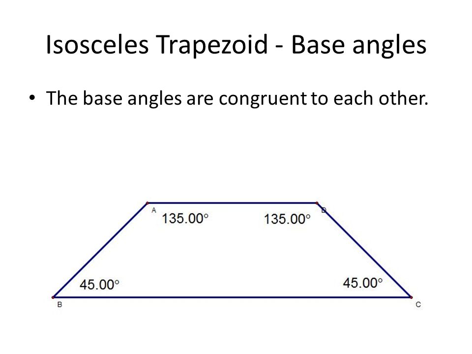 Isosceles Trapezoid - Base angles The base angles are congruent to each other.