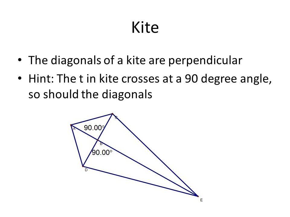 Kite The diagonals of a kite are perpendicular Hint: The t in kite crosses at a 90 degree angle, so should the diagonals