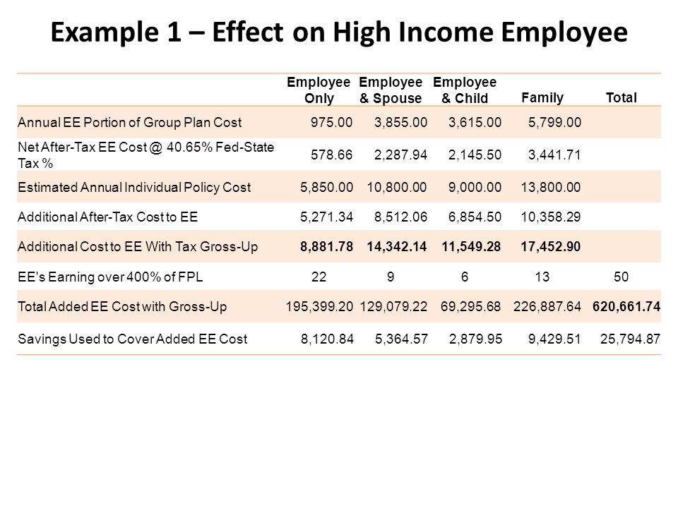 Example 1 – Effect on High Income Employee Employee Only Employee & Spouse Employee & ChildFamilyTotal Annual EE Portion of Group Plan Cost , , , Net After-Tax EE 40.65% Fed-State Tax % , , , Estimated Annual Individual Policy Cost5, , , , Additional After-Tax Cost to EE5, , , , Additional Cost to EE With Tax Gross-Up8, , , , EE s Earning over 400% of FPL Total Added EE Cost with Gross-Up195, , , , , Savings Used to Cover Added EE Cost 8, , , , ,794.87