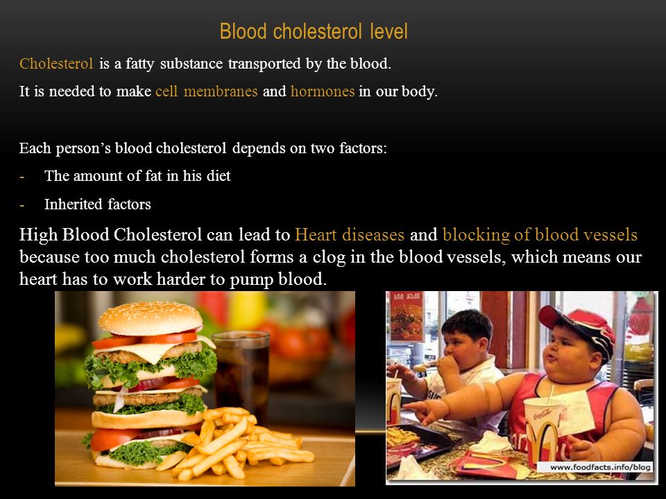 Blood cholesterol level Cholesterol is a fatty substance transported by the blood.