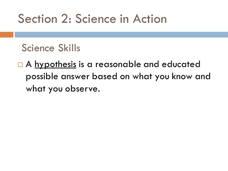 Section 2: Science in Action  A hypothesis is a reasonable and educated possible answer based on what you know and what you observe.