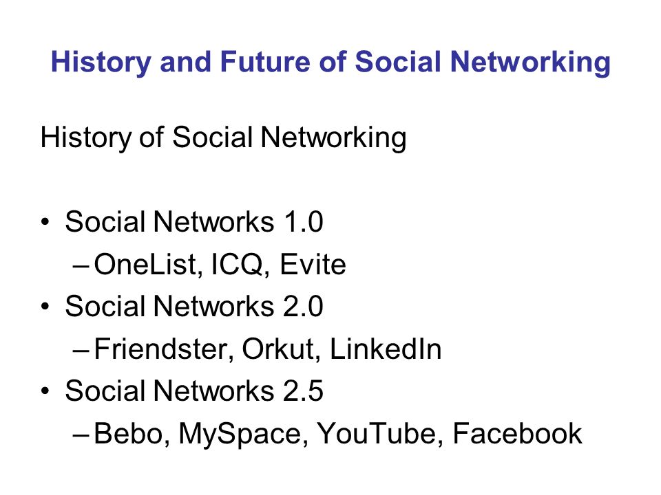 History and Future of Social Networking History of Social Networking Social Networks 1.0 –OneList, ICQ, Evite Social Networks 2.0 –Friendster, Orkut, LinkedIn Social Networks 2.5 –Bebo, MySpace, YouTube, Facebook