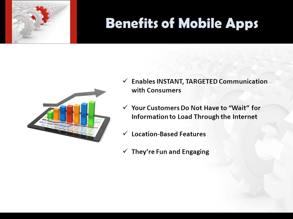 Enables INSTANT, TARGETED Communication with Consumers Your Customers Do Not Have to Wait for Information to Load Through the Internet Location-Based Features They’re Fun and Engaging Benefits of Mobile Apps